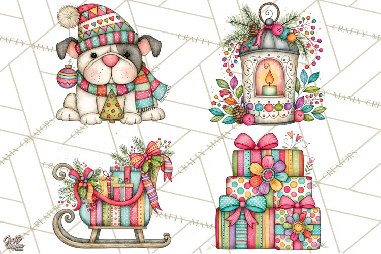 Colorful Christmas Dogs Clipart, Christmas Dog PNG, Vintage