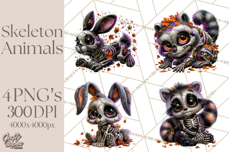 Animal Skeleton Halloween PNG Clipart Set