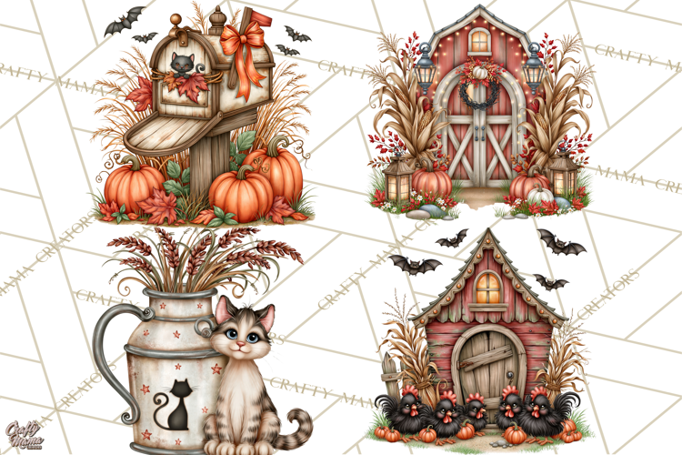 Halloween Farmhouse Clipart, Rustic Farm Halloween PNG