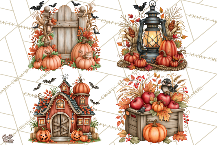 Halloween Farmhouse Clipart, Rustic Farm Halloween PNG