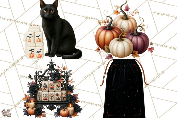 Halloween Mahjong Clipart, Spooky Mahjong Tiles PNG, Gothic example image 1