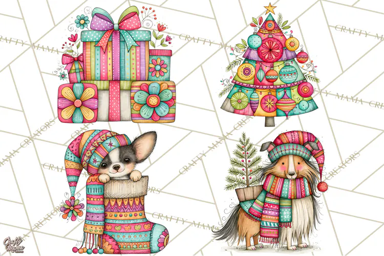 Colorful Christmas Dogs Clipart, Christmas Dog PNG, Vintage