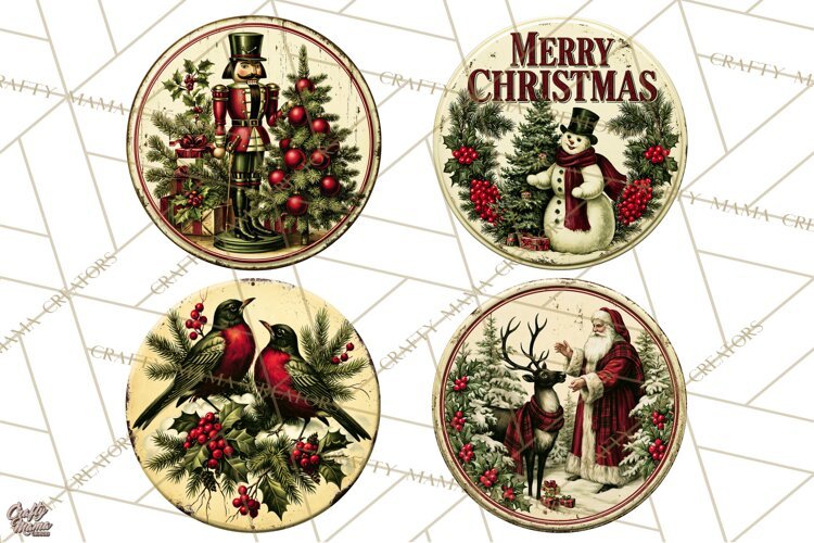 Vintage Christmas Round Signs Clipart, Rustic Metal example image 1