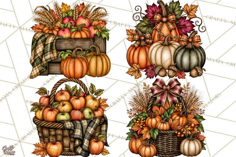Pumpkins and Plaid Fall Accents Clipart