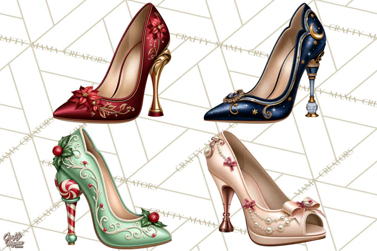 Christmas High Heel Clipart PNG, Whimsical Holiday Shoes