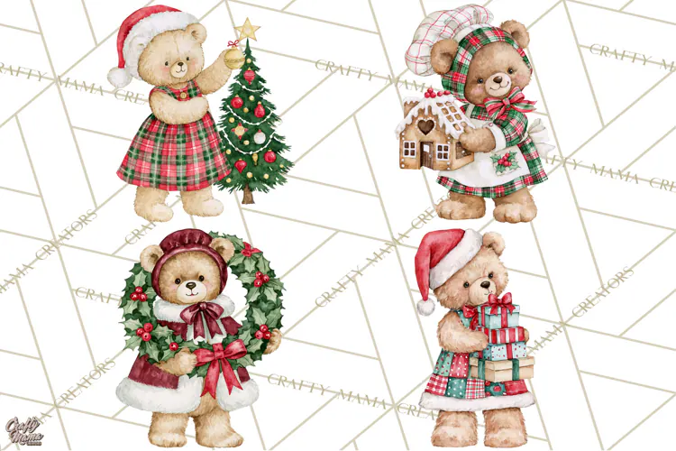 Christmas Teddy Bear Clipart PNG Watercolor Holiday Bears