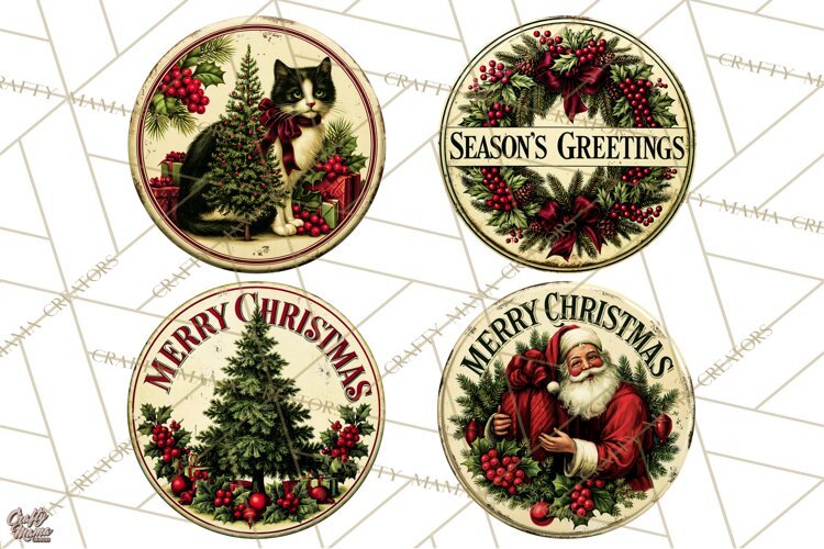 Vintage Christmas Round Signs Clipart, Rustic Metal example image 1