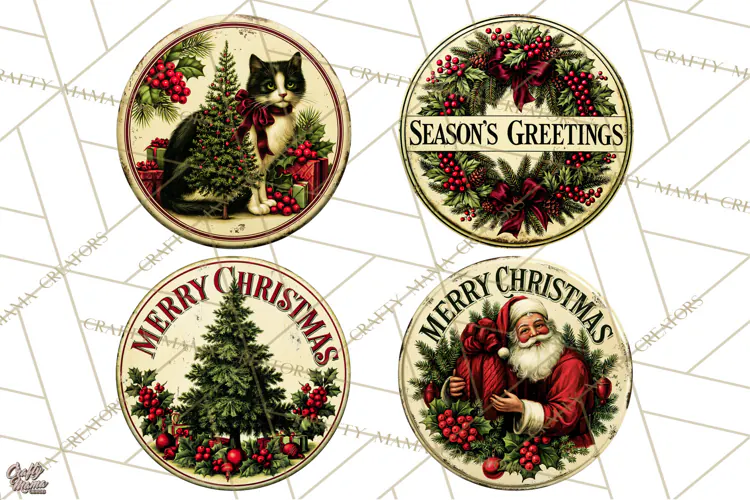Vintage Christmas Round Signs Clipart, Rustic Metal