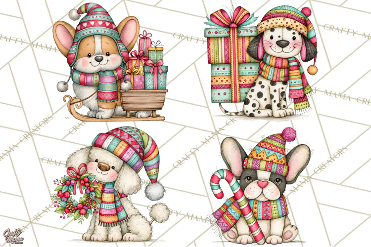 Colorful Christmas Dogs Clipart, Christmas Dog PNG, Vintage