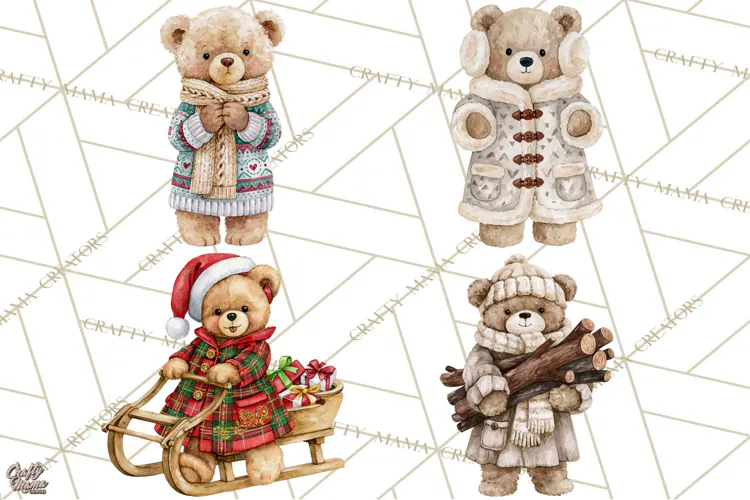 Christmas Teddy Bear Clipart PNG Watercolor Holiday Bears