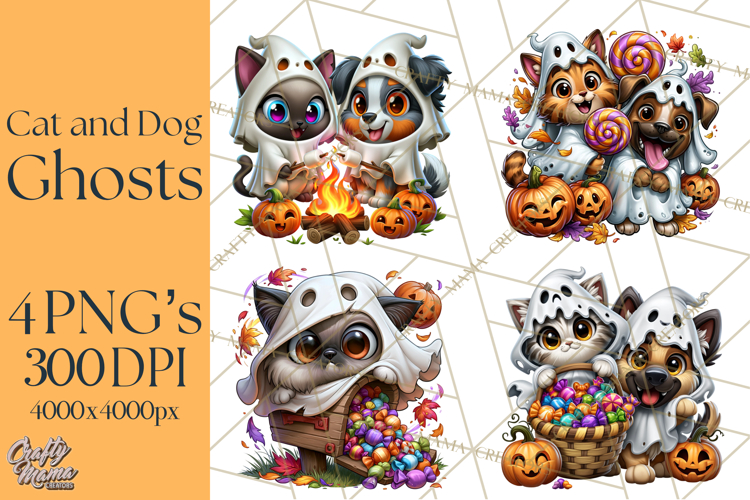 Cute Ghost Dogs And Cats Halloween PNG Clipart