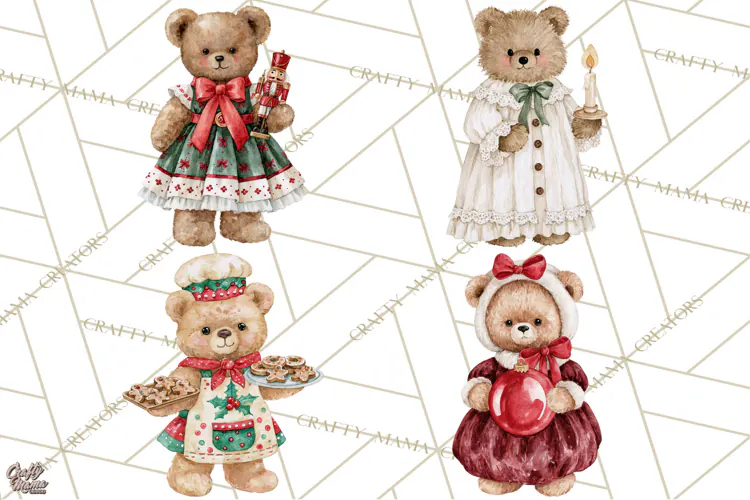 Christmas Teddy Bear Clipart PNG Watercolor Holiday Bears