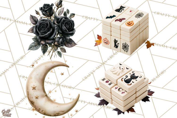 Halloween Mahjong Clipart, Spooky Mahjong Tiles PNG, Gothic example image 1