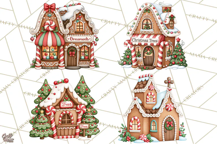 Downtown Gingerbread Town Buildings Clipart PNG