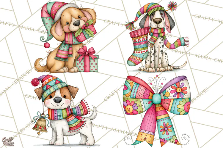Colorful Christmas Dogs Clipart, Christmas Dog PNG, Vintage