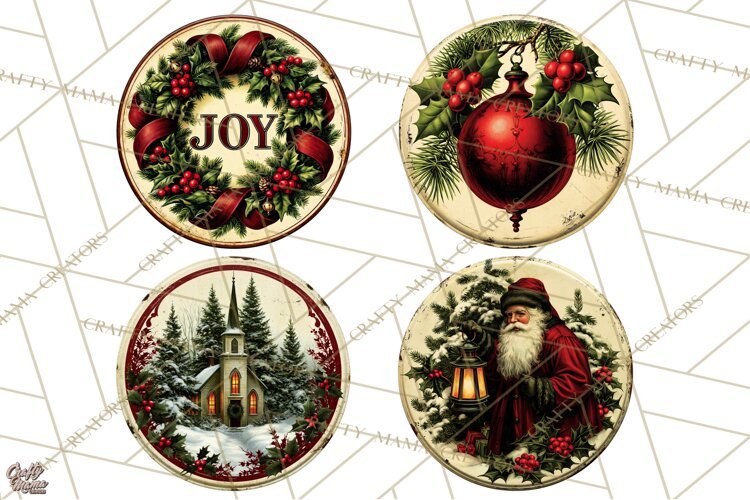 Vintage Christmas Round Signs Clipart, Rustic Metal example image 1
