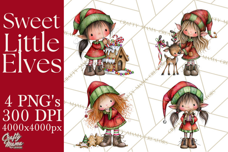Sweet Little Christmas Elves PNG, Cute Holiday Elf Clip Art example image 1