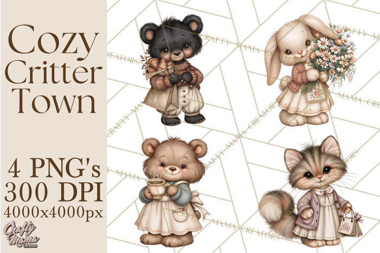 Cozy Critter Town Clipart PNG, Cottage Animal Town