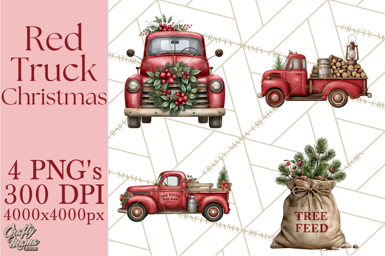 Vintage Red Truck Christmas Evergreens PNG Clipart