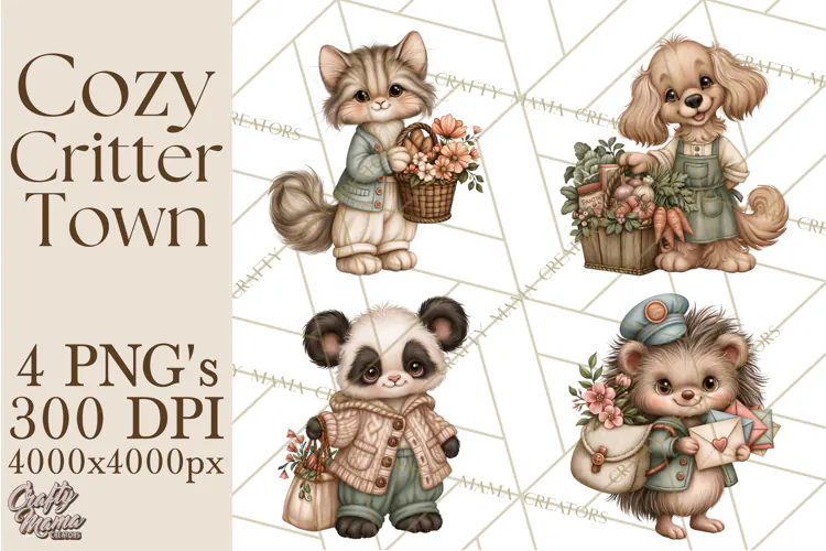 Cozy Critter Town Clipart PNG, Cottage Animal Town