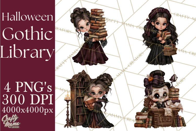 Gothic Library Clipart PNG, Halloween Book Lover example image 1