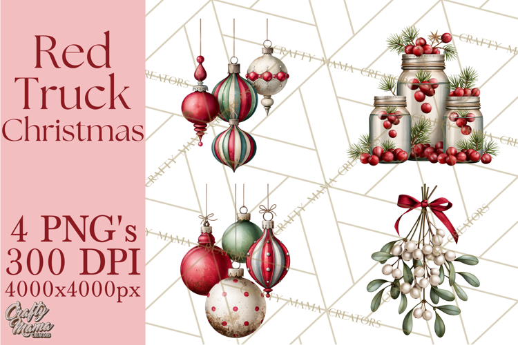 Vintage Red Truck Christmas Evergreens PNG Clipart