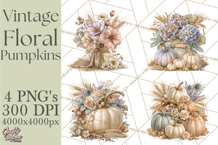 Vintage Floral Pumpkin Clipart PNG, Fall Halloween