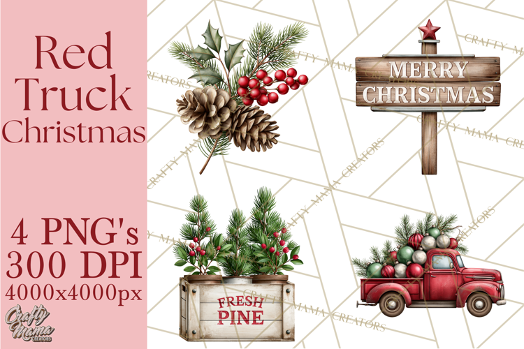 Vintage Red Truck Christmas Evergreens PNG Clipart