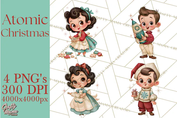 Atomic Age Christmas Clipart PNG, Retro 1950's Winter Decor