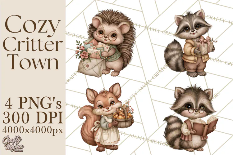 Cozy Critter Town Clipart PNG, Cottage Animal Town