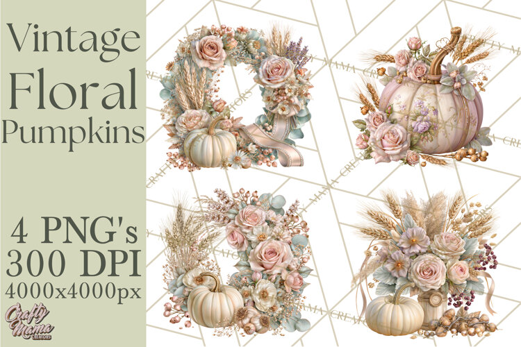 Vintage Floral Pumpkin Clipart PNG, Fall Halloween example image 1