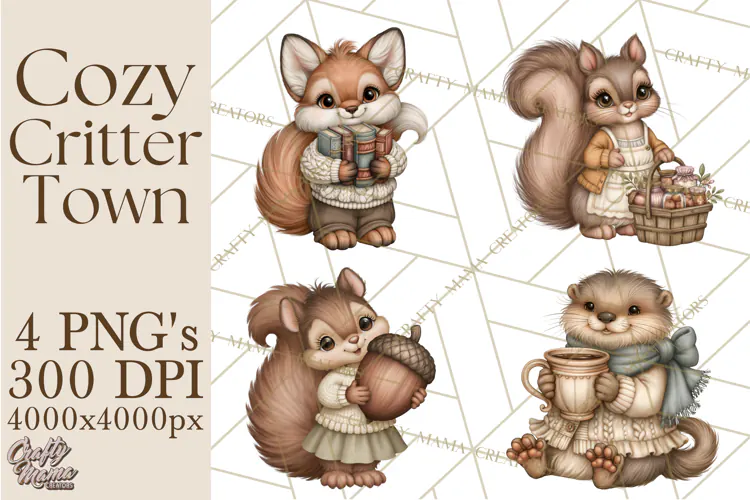 Cozy Critter Town Clipart PNG, Cottage Animal Town