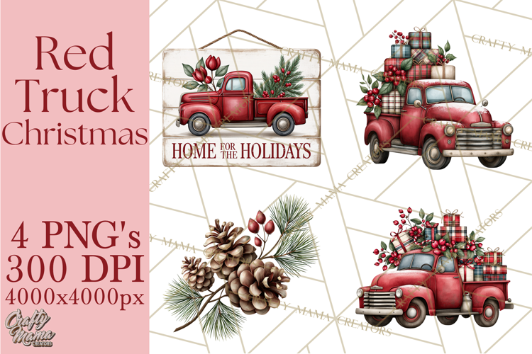 Vintage Red Truck Christmas Evergreens PNG Clipart