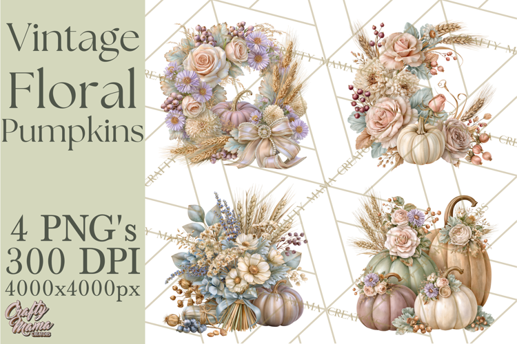 Vintage Floral Pumpkin Clipart PNG, Fall Halloween