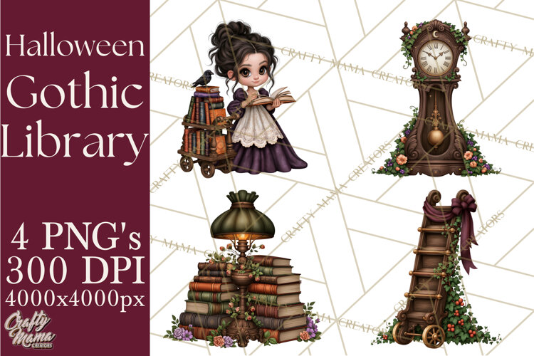 Gothic Library Clipart PNG, Halloween Book Lover example image 1