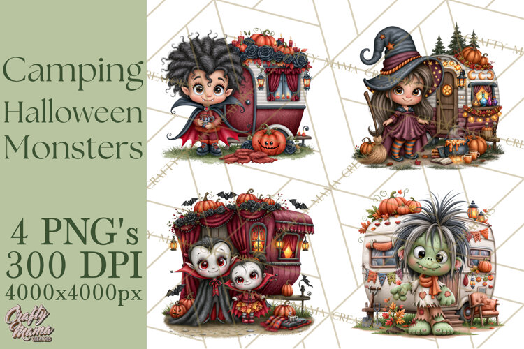 Halloween Camper Clipart PNG Cute Spooky Monsters example image 1