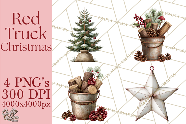 Vintage Red Truck Christmas Evergreens PNG Clipart