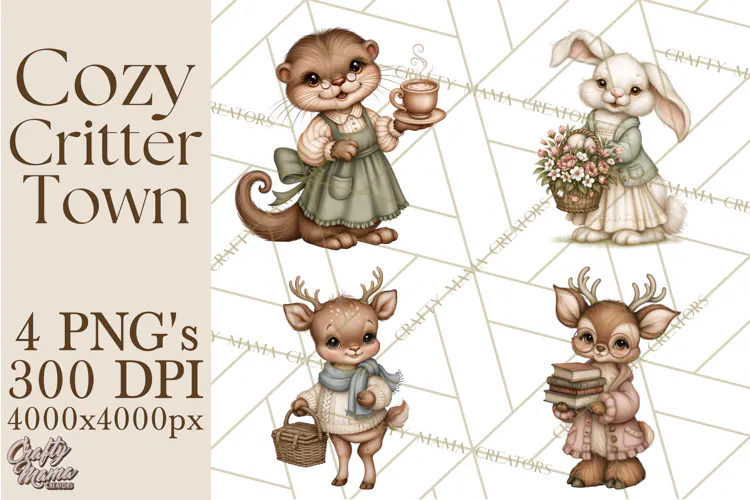 Cozy Critter Town Clipart PNG, Cottage Animal Town