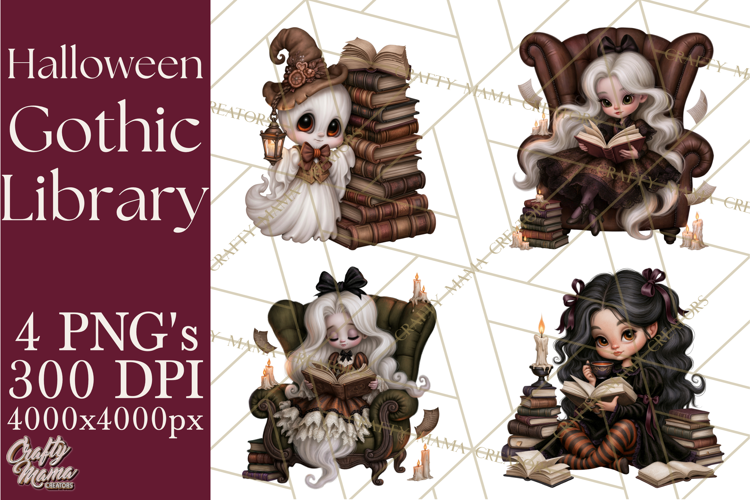 Gothic Library Clipart PNG, Halloween Book Lover
