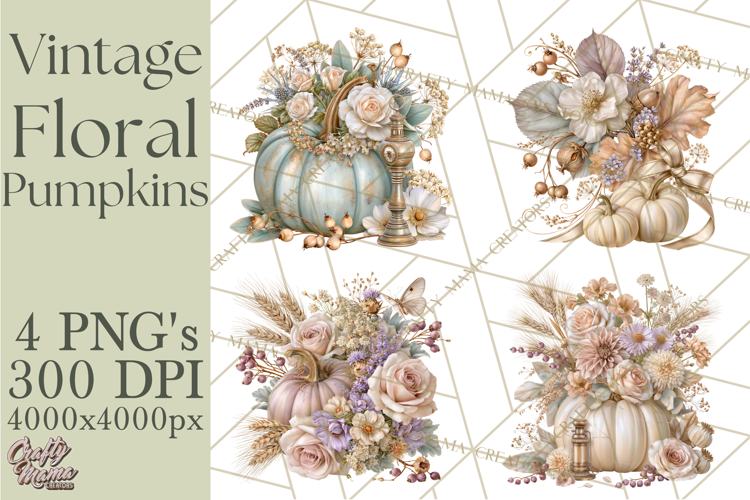 Vintage Floral Pumpkin Clipart PNG, Fall Halloween