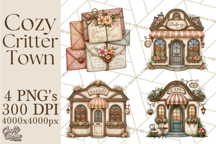 Cozy Critter Town Clipart PNG, Cottage Animal Town