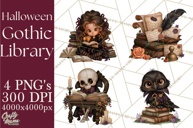 Gothic Library Clipart PNG, Halloween Book Lover