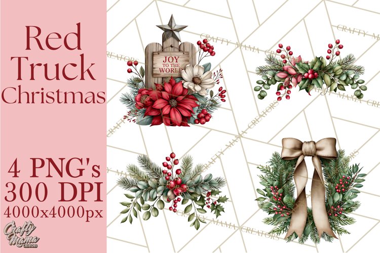 Vintage Red Truck Christmas Evergreens PNG Clipart