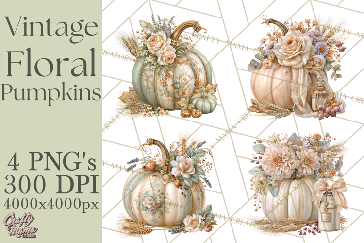 Vintage Floral Pumpkin Clipart PNG, Fall Halloween