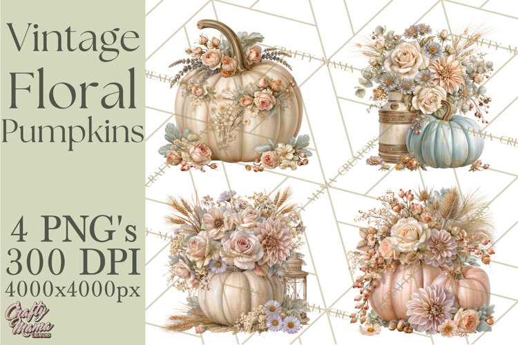 Vintage Floral Pumpkin Clipart PNG, Fall Halloween example image 1