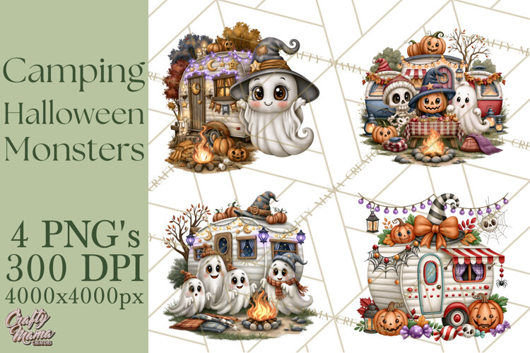 Halloween Camper Clipart PNG Cute Spooky Monsters example image 1