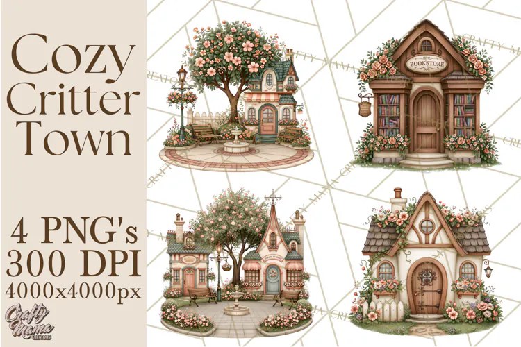 Cozy Critter Town Clipart PNG, Cottage Animal Town
