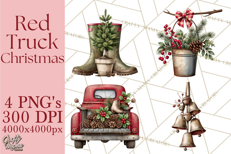 Vintage Red Truck Christmas Evergreens PNG Clipart