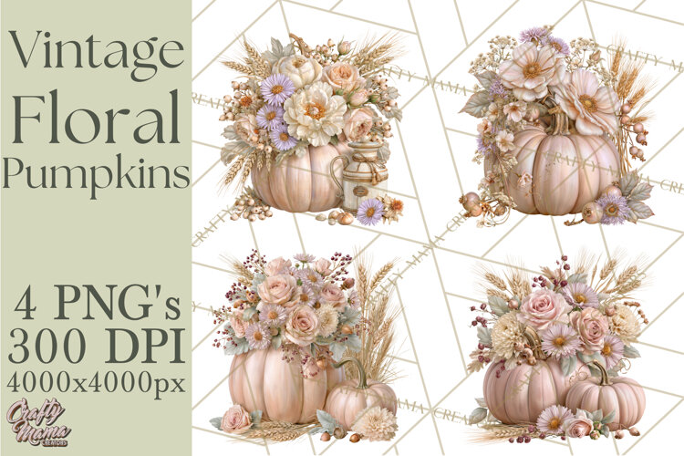 Vintage Floral Pumpkin Clipart PNG, Fall Halloween example image 1