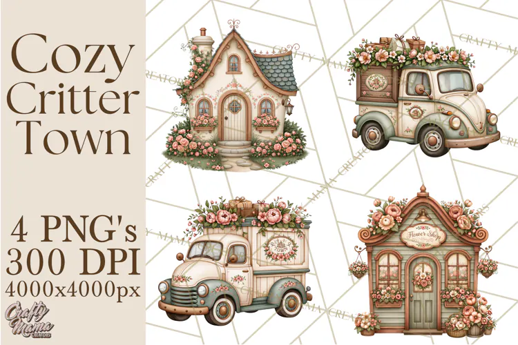 Cozy Critter Town Clipart PNG, Cottage Animal Town